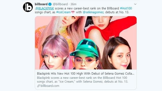 빌보드는 8일(현지시간) 블랙핑크가 팝스타 설리나 고메즈와 함께 부른 ‘아이스크림’이 ‘핫 100’ 13위로 데뷔했다고 공식 발표했다. 빌보드 트위터 캡처