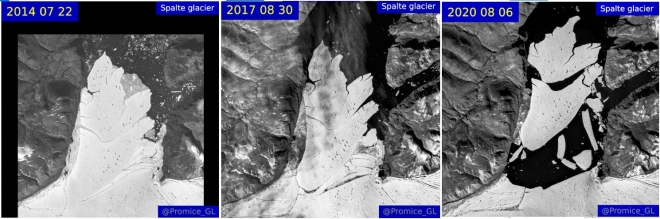 덴마크·그린란드 지질조사기관(GEUS)이 공개한 그린란드 북동부 지역의 위성사진. 과거와 비교해 올해 8월 촬영한 사진(오른쪽)에서 거대한 얼음덩어리들이 떨어져 나온 모습을 확인할 수 있다.-로이터 연합뉴스