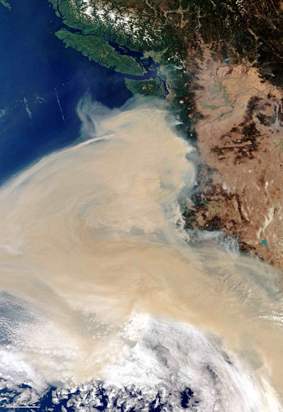 유럽우주기구(ESA)의 센티넬3 위성이 지난 10일(현지시간) 촬영한 산불에 휩싸인 미국 서부 상공 모습. 캘리포니아와 오리건, 워싱턴주 일대 상공이 거대한 흰 연기층으로 가려져 있다. 유럽우주기구 제공·샌프란시스코 AFP 연합뉴스