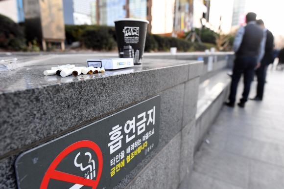 서울시내에 있는 금연구역에 담배갑과 담배꽁초 등이 널부러져 있다.  서울신문 DB