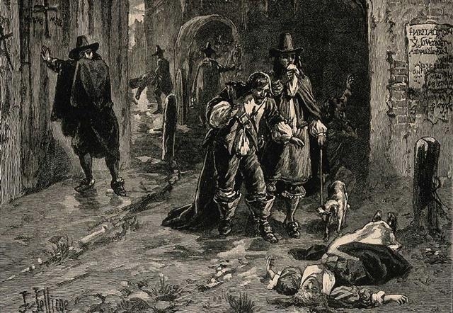 영국 런던에서 페스트가 대유행(Great Plague of London)했던 1665년 시절을 묘사한 그림. 당시 기록이나 그림에 따르면 길거리에서 페스트로 인한 사망자가 흔히 발견됐던 것으로 알려졌다. 14세기와 17세기 영국 런던을 휩쓴 페스트의 전파 속도는 무려 4배 가까이 차이가 났다. 침방울을 통한 사람 간 감염뿐만 아니라 벼룩이나 모기 등 곤충을 매개로 한 감염병 역시 인구밀도가 전파 속도에 중요한 영향을 미치는 것으로 확인됐다. 영국 웰콤콜렉션 제공