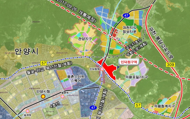 안양시가 추진하고 있는 인덕원 일대 도시개발사업 예정지 위치(붉은 색). 시는 개발제한구역 해제를 앞두고 있는 면적 15만여㎡ 부지에 2026년까지 복합환승시설과 청년 지원 도시기반시설 등을 조성한다. 안양시 제공