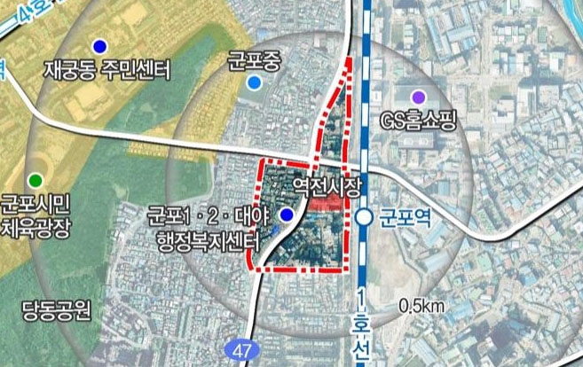 군포역세권 도시재생 뉴딜사업 지역인 당동 일원(붉은 색 부분). 군포시 제공 