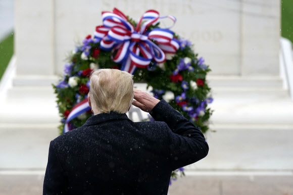 도널드 트럼프 미국 대통령이 미국 재향군인의 날인 11일(현지시간) 버지니아주 알링턴 국립묘지를 찾아 전몰 장병의 넋을 기리며 헌화한 뒤 거수 경례를 하고 있다. 알링턴 AP 연합뉴스 