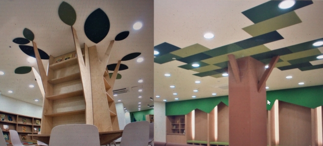 ‘나무그늘 아래에서 책을 읽는다’는 개념을 도입한 작은도서관. 자연 친화적인 디자인을 적용했다. 공간 중앙에 내력벽 기둥을 활용해 나무 모양의 디자인 오브제로 활용한 독특한 공간이다.  