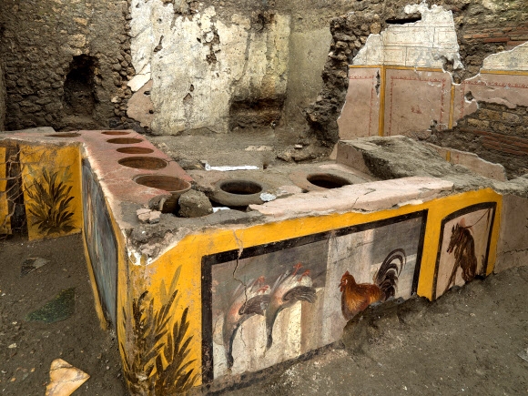 지난해 이탈리아 폼페이에서 발굴된 고대 패스트푸드 노점 매대에 오리와 닭 등 프레스코 그림이 그려져 있는 등 거의 완벽한 모습으로 26일(현지시간) 취재진에 공개됐다. 폼페이 고대유적 공원 제공 로이터 연합뉴스 