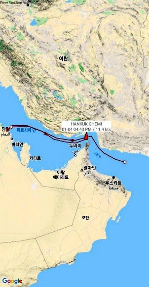 이란 혁명수비대에 나포된 한국 유조선 항적