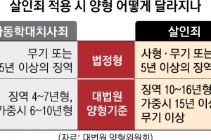 살인죄 인정 땐 최대 무기징역… 양형 기준도 7년서 16년형