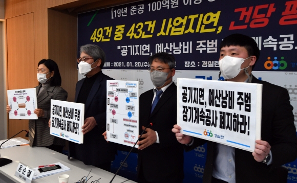 20일 서울 경실련에서 열린 공공공사 예산낭비 실태 발표에서 참석자들이 피켓을 들고 발언을 하고 있다. 2021.1.20 박지환기자 popocar@seoul.co.kr