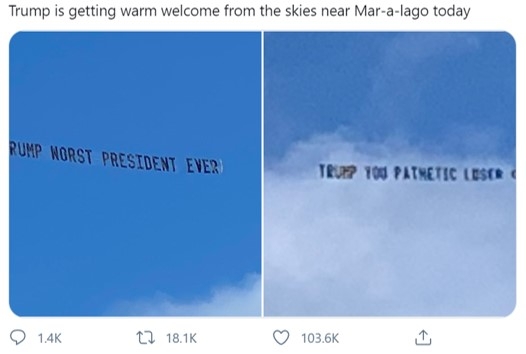 도널드 트럼프 전 미국 대통령이 거주하는 플로리다주 마러라고 리조트 상공을 나는 경비행기가 꼬리에 단 현수막. 트위터 캡쳐