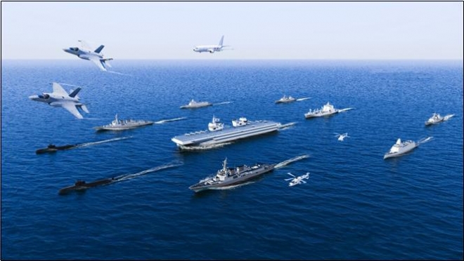 해군이 4일 주최한 경항공모함 화상 세미나에서 처음 공개한 경항모 전투단 항진도. 해군 제공