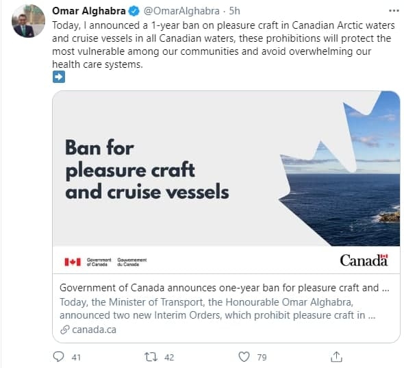 내년 2월까지 크루즈 입항금지를 발표한 캐나다 오마르 앨가브라 교통부 장관의 트위터. 트위터 캡처.
