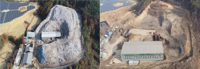 경북 의성군 ‘쓰레기 산’ 처리 전(왼쪽)과 처리 후.  의성군 제공