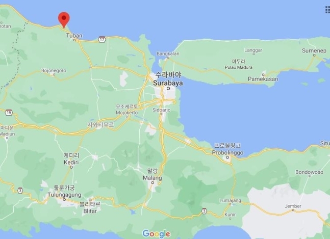 자바섬 동부의 수무르그능 마을(빨간 표시). 구글맵
