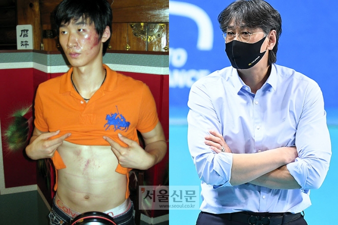 2009년 이상열(오른쪽) 당시 국가대표 코치로부터 구타당한 박철우가 폭행에 대해 정면으로 문제를 제기했다. 서울신문 DB·KOVO 제공