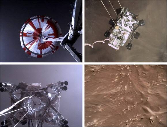 지난 18일(현지시간) 미국 항공우주국(NASA) 화성 탐사로버 ‘퍼서비어런스’의 화성 대기권 진입부터 지표면 안착까지 이른바 ‘공포의 7분’을 생생하게 담은 동영상이 22일 공개됐는데 촬영된 이미지들을 모아봤다. NASA/JPL-칼텍 제공 AP 연합뉴스 