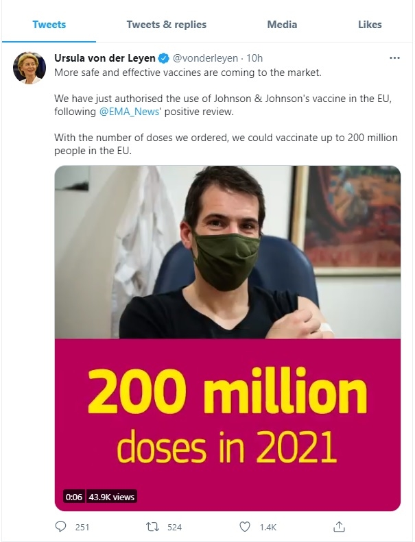우르줄라 폰 데어 라이엔 유럽연합(EU) 집행위원장이 11일(현시시간) 존슨앤드존슨 코로나19 백신 사용 승인 소식을 트위터로 전했다. EU는 2억회분을 주문했지만, 공급 차질 예상도 나온다.트위터 캡처