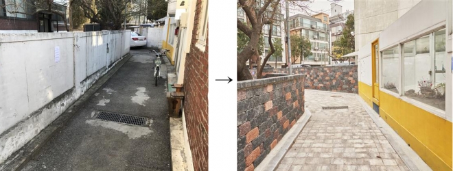 서울시 마포구 연남동 경의선 숲길 끝자락에 위치한 ‘연남동 세모길’(마포구 동교로51길 일대)의 재생사업을 하기 전(왼쪽 사진)과 후의 모습. 성인 키를 훌쩍 넘는 담장의 높이를 낮추고 새로 쌓은 덕분에 침침했던 골목길이 한층 밝아진 느낌이다. 서울시 제공