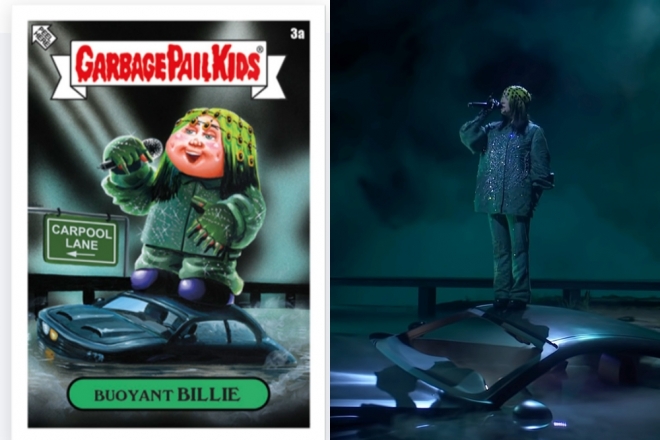 빌리 아일리시를 표현한 톱스의 일러스트 카드(왼쪽). 올해 그래미 시상식 공연 무대와 비슷하다.  유튜브 캡처