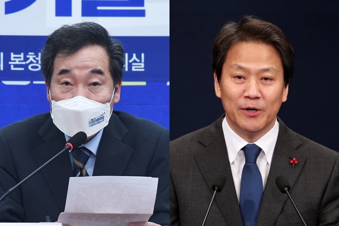 더불어민주당 이낙연 상임선대위원장, 임종석 전 청와대 비서실장.  연합뉴스