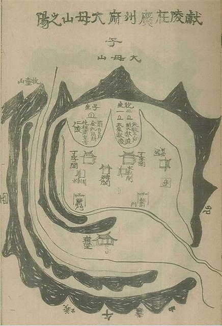 태종과 원경왕후의 능이 있는 헌릉의 당시 모습을 그린 헌릉 산릉도(1931). 대모산 아래 사방을 산줄기가 둘렀고, 서편의 백호, 남쪽의 주작 줄기가 겹겹이 에워싼 모습이다. 지오북 제공