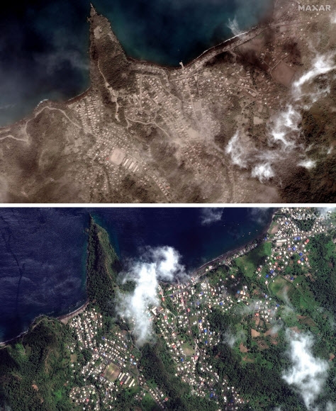 13일(현지시간) 중미 카리브해의 섬나라 세인트빈센트에 있는 수프리에르 화산이 폭발, 화산재로 뒤덮인 샤토벨레어의 리치먼드 베일 해변이 온통 잿빛으로 변했다(위). 지난 9일과 12일 두 차례에 걸친 화산 폭발이 일어나기 전인 지난 2일만 해도 해변이 선명하게 보였다(아래). 수프리에르 화산은 1979년 이후 42년 만에 활동을 재개하면서 화산재와 가스를 분출해 약 2만명의 주민이 대피했다. 샤토벨레어 AP 연합뉴스