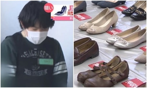 여자 구두 절도 용의자 카츠 히로아키(33)와 그가 훔친 구두들. 닛폰뉴스네트워크(NNN) 영상 캡처.