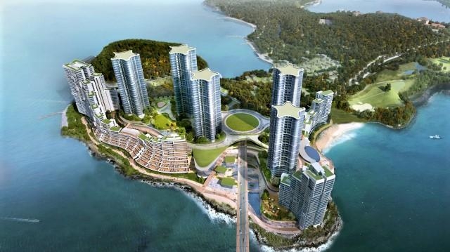 미래에셋컨소시엄이 여수 경도관광단지에 설립 추진중인 지상 29층 규모의 생활형숙박시설 조감도. 