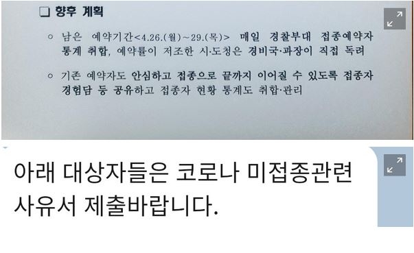 경찰 내부의 코로나19 백신 접종 동력 문서 캡처. 출처:블라인드