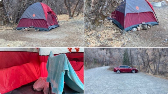 5개월 반 동안 한겨울 숲 속에서 스스로 고립됐던 여성이 지냈던 텐트와 차. 산림청 트위터 캡처