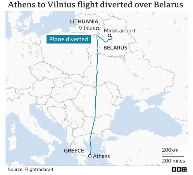아테네를 이륙해 빌뉴스로 향하던 남의 나라 여객기를 폭발물 제보가 있었다며 강제로 벨라루스 수도 민스크 공항에 강제 착륙시켰다. 가장 가까운 공항이 민스크 공항이어서 착륙시켰다는 벨라루스 정부의 해명이 얼마나 얼토당토 않은지 플라이트레이더24의 항로 추적이 여실히 보여준다.