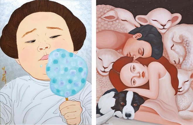 (좌)정연희. 구름을 잡았다, 77×105cm, 장지에 채색 (우)황슬, 양치기소년, 116.8×91cm, Acrylic on Canvas