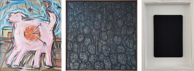 (왼쪽부터) 박시유, 행복한우리집 1, 53×45cm, Oil on canvas 오정석, COSMOS-침묵-코로나와 사람들, 99×99cm, 자개, Acrylic on canvas 장유재, 쪼매 네모난 것, 30×40cm, ipad, black 3.0