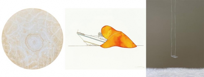 (왼쪽부터)강민하, 침윤(浸潤)3, 지름 72.5cm, 장지에 분채 이신혜, 불거진3, 53.0×40.9cm, Mixed media 장유정, 흔들림 속에서, 42×53cm, Acrylic on canvas  