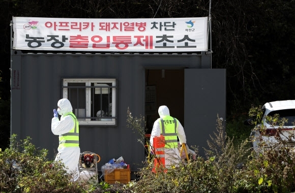 아프리카돼지열병(ASF) 발생이 확인된 해당 농가에서 방역당국 관계자들이 입구를 통제하고 있다. 연합뉴스