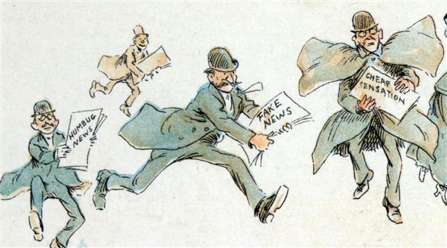 미국의 삽화가 프레더릭 버 오퍼가 가짜뉴스를 퍼트리는 황색언론들을 비판하기 위해 1894년에 그린 풍자만화. 위키피디아 제공