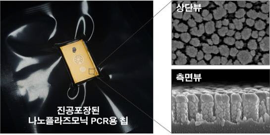 한국과학기술원(KAIST) 바이오·뇌공학과 정기훈 교수 연구팀이 개발한 바이러스 실시간 진단 나노플라즈모닉 중합효소연쇄반응(PCR) 칩 이미지(왼쪽). 오른쪽 사진은 공정을 통해 나타난 증폭된 유전자 모습. 한국과학기술원 제공