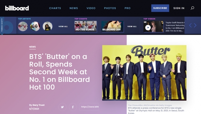 방탄소년단(BTS)의 두번째 영어 곡 ‘버터’(Butter)가 2주 연속 빌보드 메인 싱글 차트 ‘핫 100’ 1위에 올랐다는 소식을 전한 빌보드 홈페이지.