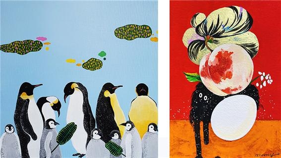 (좌) 정선영, Into the forest, 30×30cm, Acrylic on canvas (우) 문희정, 무릉도원, 13×18cm, Gouache on paper  