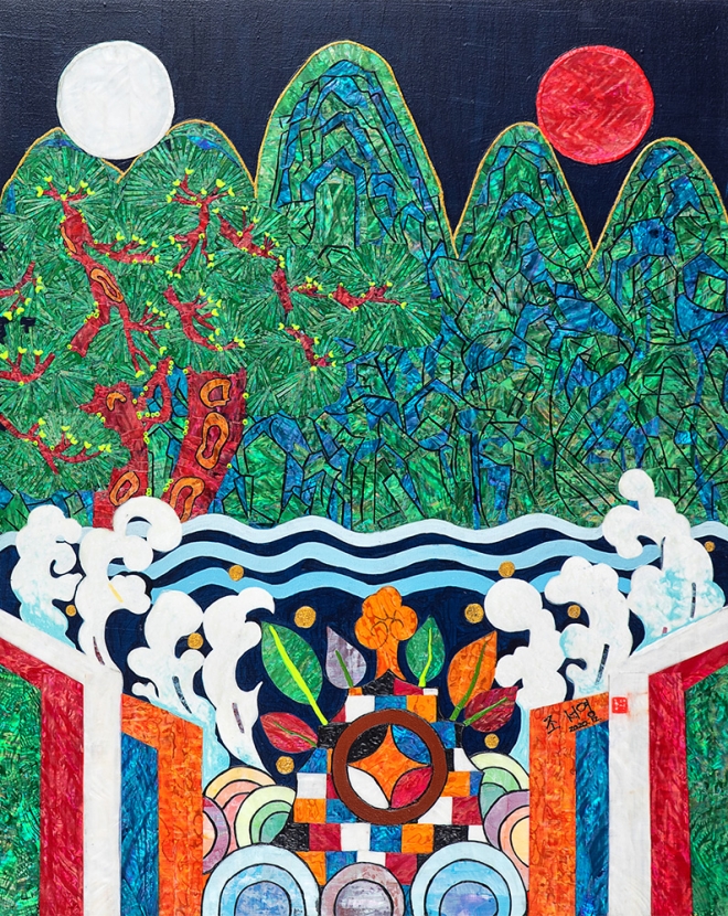 조서영, 일월오봉도, 72.5×92cm, 자개, Oil, Acrylic on canvas, 2020