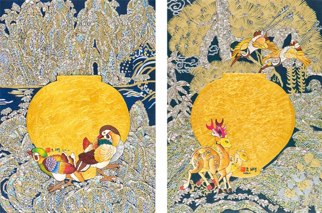 (좌) 조서영 사랑(1), 53×72.5cm, 자개, Acrylic on canvas, 2019 (우) 조서영 사랑(2), 53×72.5cm, 자개, Acrylic on canvas, 2020