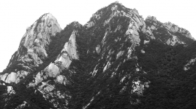 경기 양주시 노고산 정상에서 바라본 북한산 최고의 암봉들이 손을 뻗으면 잡힐 듯 지척에서 그 위용을 뽐내고 있다. 대장격인 최고봉 백운대(837m)가 인수봉(왼쪽)과 만경대(오른쪽)를 거느리고 우뚝 솟아 있다. 뒤편으론 숨은벽 능선이 수줍은 듯 감췄던 윤곽을 또렷하게 드러냈다.