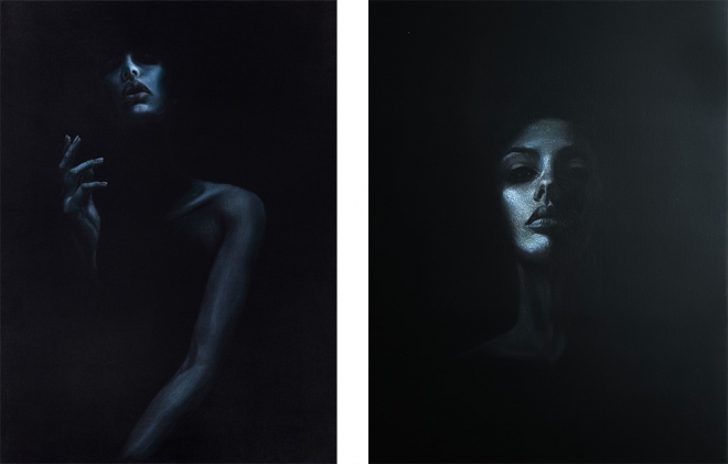 (좌) 박성아, darkness-어둠 속에서 빛을 찾다, 73cmx53cm, oil on canvas (우) 박성아, darkness-어둠 속에서 빛을 찾다, 53cmx41cm, oil on canvas