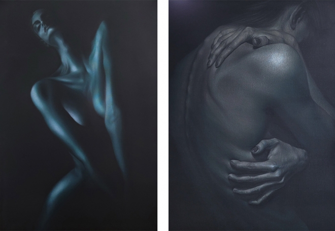 (좌) 박성아, darkness-어둠 속에서 빛을 찾다, 117cmx80.5cm, oil on canvas (우) 박성아, darkness-어둠 속에서 빛을 찾다, 73cmx61cm, oil on canvas