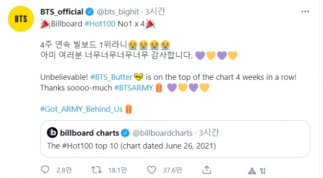 방탄소년단(BTS) ‘버터’ 4주 연속 빌보드 핫 100 1위 소감.  BTS 공식 트위터