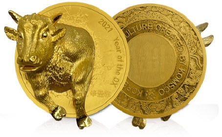 ‘코로나 난국 타개’ 조폐공사 입체형 황금소 메달 출시