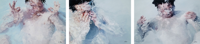 (좌) 신호1, 90.9cm x 60.6cm, oil on canvas, 2015 (중) 신호3, 90.9cm x 65.1cm, oil on canvas, 2016 (우) 신호4, 90.9cm x 60.6cm, oil on canvas, 2016