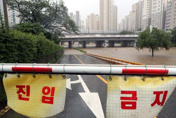 폭우에 불어난 온천천, 도로통제