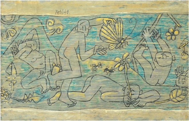 이중섭 ‘봄의 아동’ 1952~1953. 종이에 연필, 유채. 32.6cm ×49.6cm, 개인 소장