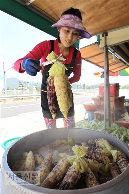 경남 고성군 월평리 국도변에 있는 옥수수 거리. 옥수수 농사를 짓는 옥수수작목반 소속 농민들이 노점을 운영하며 직접 재배한 옥수수를 삶아 판매하고 있다.